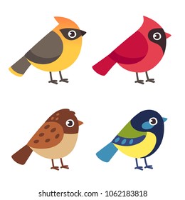 Set of cute cartoon small birds: Cedar Waxwing, Northern Cardinal, common Sparrow ant Blue Tit. Simple drawing, vector illustration set.