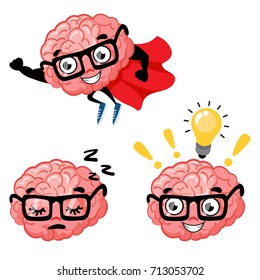 Set Of Cute Cartoon Smart Brains. Cartoon Characters Mascot Of The Brain With Glasses, Superman Brain And Sleeping Brain. Lightbulb Idea Concept. Vector Illustration Isolated On Background