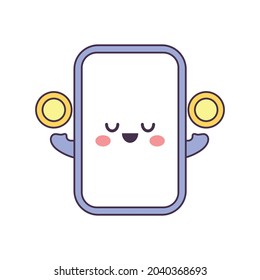 Set of cute cartoon smartphone cute characters cute device. crypto coins. Vector flat style cartoon phone illustration isolated on white background
