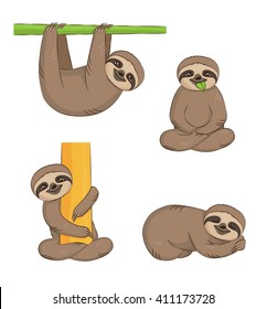 A set of cute cartoon smiling lazy sloth animal characters in different positions. Sloth on the tree, sleeping, eating, sitting. 