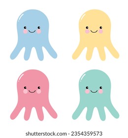Set süßer Cartoon lächelnd Tintenfisch. Vektorgrafik einer Bewohner der Unterwasserwelt. Oktōpoda.