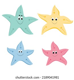 Set of cute cartoon smiling starfish. Family of dancing sea stars. Isolated elements on a white background.