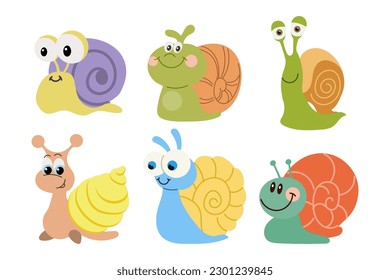 Set of cute cartoon snails. Colorful baby snails, icons, stickers, vector