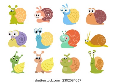 Set of cute cartoon snails. Colorful baby snails, icons, stickers, vector