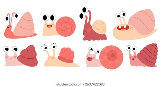 Set of cute cartoon snails with expressive faces and colorful shells. Kawaii-style vector characters in various poses and emotions. Flat style illustration, isolated on white background.