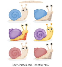 Conjunto de caracoles de dibujos animados lindos aislados sobre fondo blanco. Ilustración vectorial