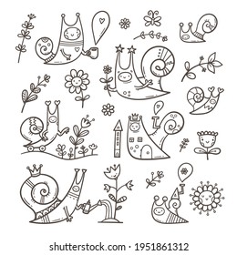 Mit süßen Cartoon-Schnecken und Pflanzen. Doodle Blumenposter. Frühlingsvektorkollektion mit Insekten.