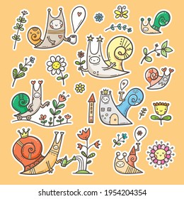 Set with cute cartoon snails and plants. Doodle floral poster. Spring vector collection with insects.