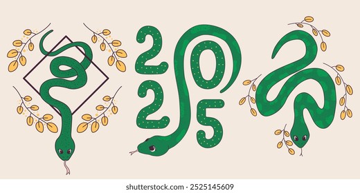 Set of cute cartoon snakes. Chinese Lunar New Year, symbol of 2025. Wriggling snake. Vector illustration