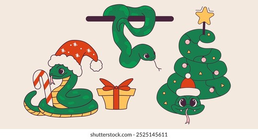 Conjunto de cobras de desenhos animados bonitos. Ano Novo Lunar Chinês, símbolo de 2025. Cobra contorcendo no chapéu de Papai Noel. Ilustração de bebê vetorial