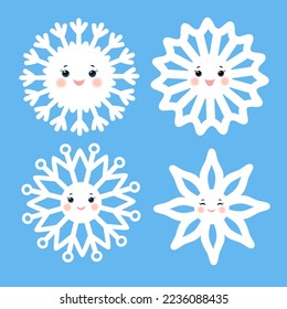 Set of cute cartoon snowflakes. Kit of funny winter characters. Isolated elements on blue background.