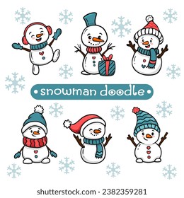 Juego de lindos caricaturistas de snowman para contenido, banner, pegatinas y tarjetas de felicitación, navidad y año nuevo. La colección de muñecos de nieve divertidos al estilo de doodle. Vector