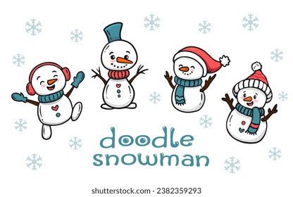 Set of cute cartoon snowmans for content , banner, stickers and greeting card, christmas and new year. The collection of funny snowmen in doodle style. Vector
