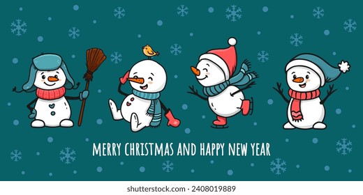 Juego de lindos caricaturistas de snowman para contenido, banner, pegatinas y tarjetas de felicitación, navidad y año nuevo. La colección de muñecos de nieve divertidos al estilo de doodle. Vector