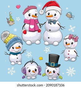 Set of Cute Cartoon Snowmen on a blue background