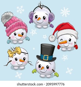 Set of Cute Cartoon Snowmen on a blue background