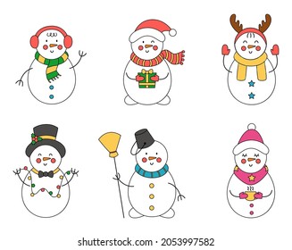 Set of cute cartoon snowmen. Vector collection for Christmas.