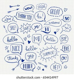 A set of cute cartoon speech bubbles with hi, hello, love and many more in hand drawn style. Vector doodle design elements.