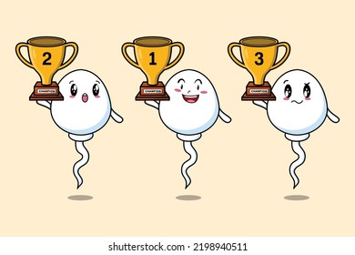 Set of cute cartoon sperm holding trophy with happy expression in flat modern style design