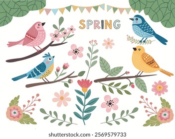 Set of cute cartoon spring birds, flowers and branch. Seasonal branches and birds Vector graphics. Springtime decor elemets