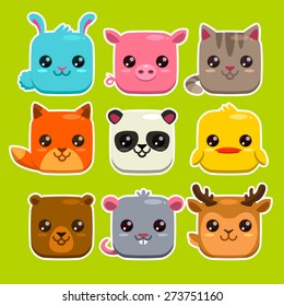 Set of cute cartoon square animals, vector zoo stickers