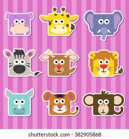 Set of cute cartoon square wild animals  stickers