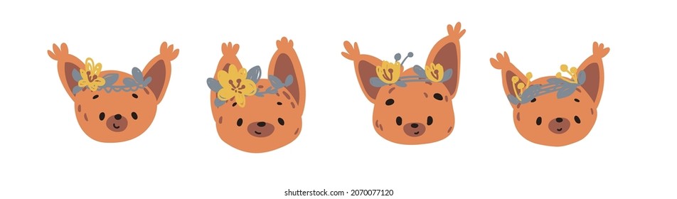 Set cute cartoon squirrel. Set funny cartoon face animals with a wreath of flowers. Print for baby posters, cards, clothes, stickers or decor. Vector illustration. 