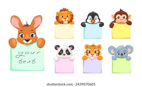 Conjunto de pegatina de dibujos animados lindos animales salvajes con banners en blanco para notas. León, pingüino, mono, panda, tigre, canguro, koala.