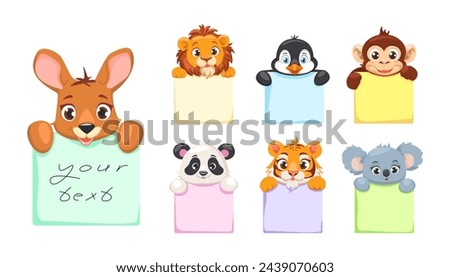 Set of cute cartoon sticker wild animals with blank banners for notes. Lion, penguin, monkey, panda, tiger, kangaroo, koala.