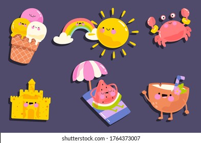 Set of cute cartoon stickers for children with sea animals, food and things in vector. Doodle patch badges with different summer holiday attributes on purple background.
