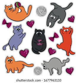 a set of cute, cartoon stickers colorful with cats, balls of thread, hearts. the cat plays with the ball, jumps . Isolated vector with cutting contour