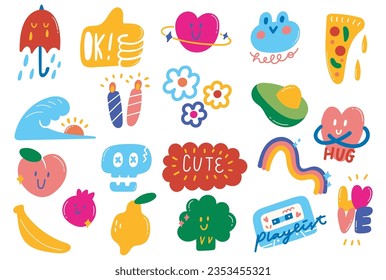 set of cute cartoon stickers in doodle style