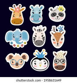 Set of cute cartoon stickers with faces of animals, in vector graphics, on a black background. For stickers on laptops, bags, badges, notebooks, mugs