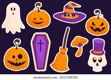 A set of cute cartoon stickers. Halloween characters pumpkin, ghost, witch broom and hat, fly agaric, coffin and skull.