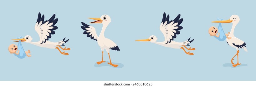 Set of  Cute cartoon stork carrying baby, banner