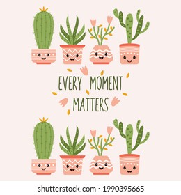 Conjunto de lindos cactus tipo caricatura y suculento con citas motivacionales,
cactus lindo, succulen, estilo de dibujos animados, citas ilustraciones vectoriales