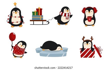 A set of cute cartoon style Christmas penguins.