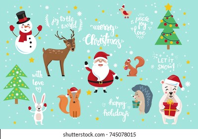 Set of cute cartoon style Christmas characters and handwritten calligraphic holiday greeting phrases. Vector illustration.