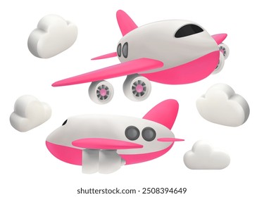 Set of cute cartoon style commercial airplanes with Pink wings isolated on white background, 3D vector Mesh gradient wes.