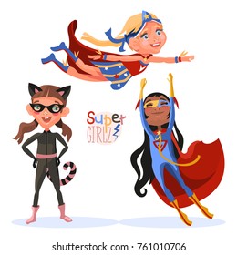 Set of cute, cartoon style superhero (super) girls characters. The flying girl in blue dress with stars, the girl in cat costume with tail and african american flying girl in blue costume in red cloak