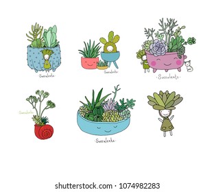 set with cute cartoon succulents. cactus and aloe in pots. Small elves and fairies.