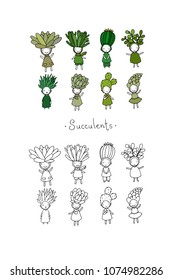 Set with cute cartoon succulents. Little funny fairy. Hand drawing isolated objects on white background. Vector illustration. 