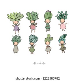 Set with cute cartoon succulents. Little funny fairy. Vector illustration. funny elves.  cactus character