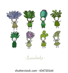  Set with cute cartoon succulents. Little funny fairy. Hand drawing isolated objects on white background. Vector illustration. 