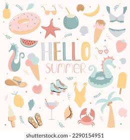 Set of cute cartoon summer elements with lettering Hello summer: ice cream, swimwear, pool ring, fruits, seashells, etc. Summer time concept for posters, stickers, design, scrapbooking.