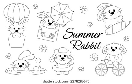 Set Cute Cartoon Summer Rabbit in black and white