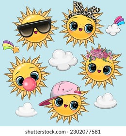 Set of Cute Cartoon Sun with big eyes and clouds on a blue background
