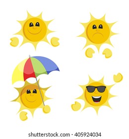 set of cute cartoon sun. flat design. happy sun cartoon