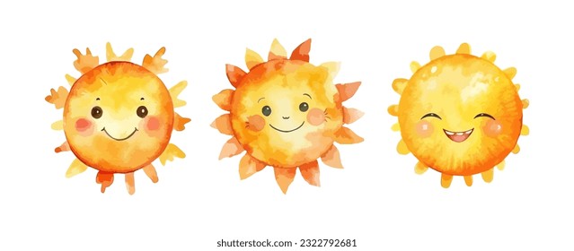 Conjunto de tiras cómicas de la acuarela del sol aisladas en fondo blanco. Ilustración del vector