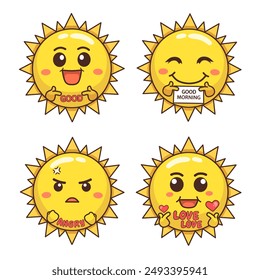 set of cute cartoon suns with various expressions. Kawai style sun stickers